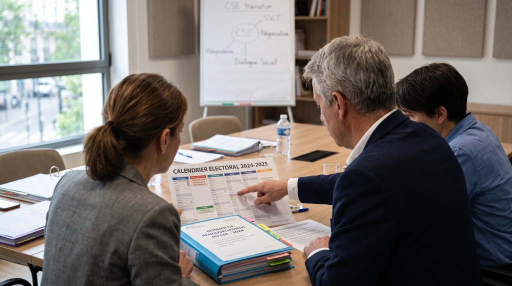 Élus réélus du CSE préparant leur formation de deuxième mandat autour d'une table
