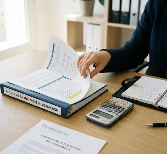 Dossier de financement de la formation SSCT CSE posé sur un bureau
