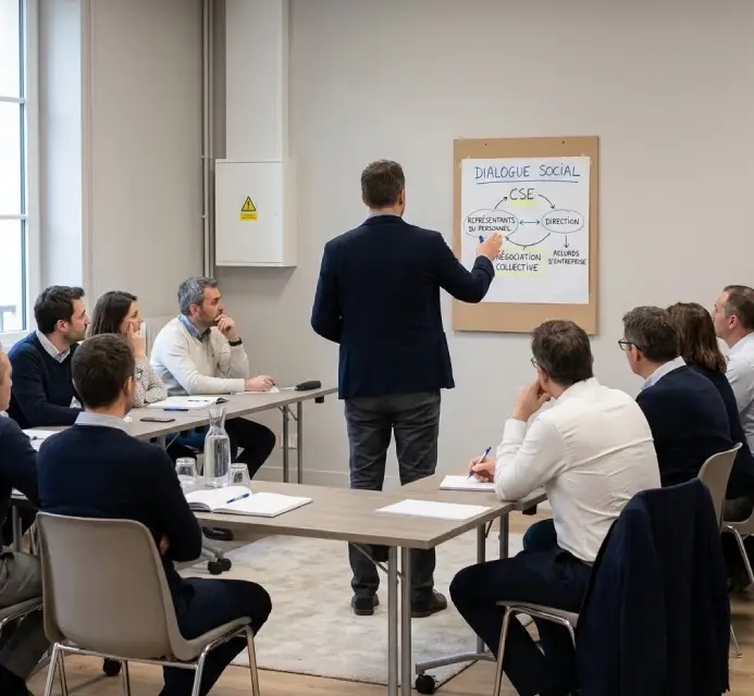 Formateur de dos animant une formation SSCT CSE en présentiel