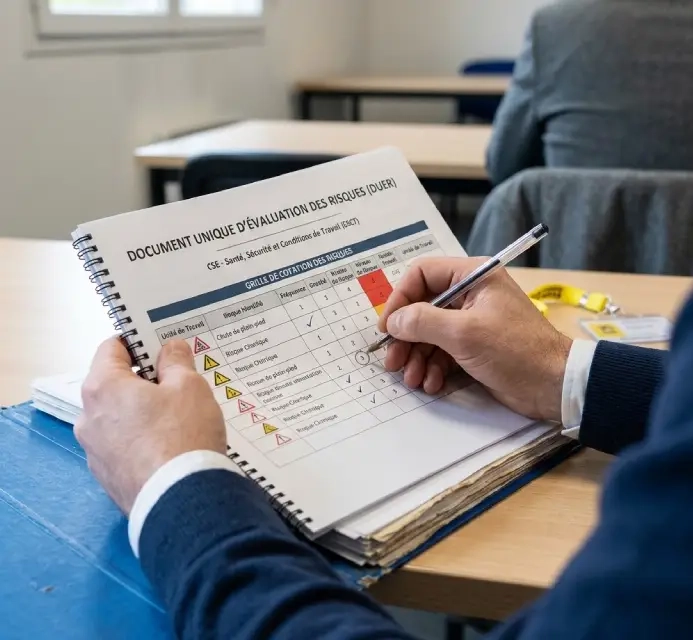 Mains d'un élu annotant un document unique pendant la formation SSCT CSE
